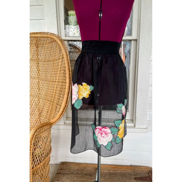 Vintage 1950s Black Organza Floral Applique Half Apron - Picture 8 of 10